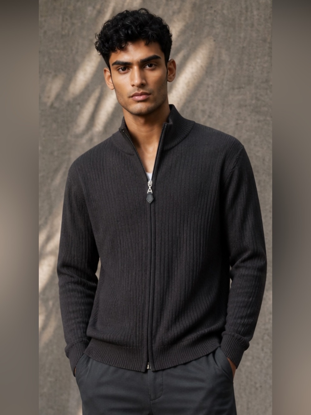 tagio Dark Brown Full-Zip Ribbed Wool Blend Cardigan Sweater Mock Neck Size L